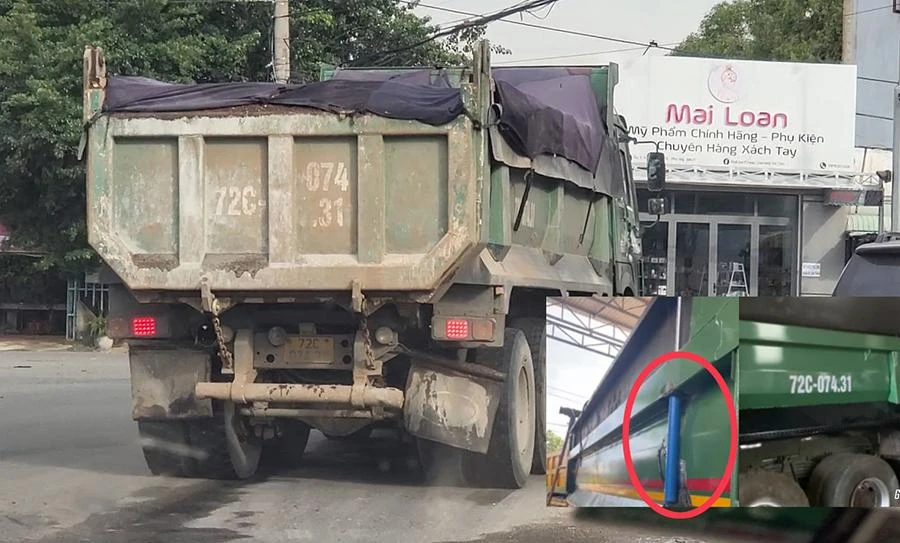 Chiếc xe có thùng khác lạ chạy trên đường ở xã Tóc Tiên, thị xã Phú Mỹ và được cơi thùng thủy lực tại một garage trước đó với giá gần 60 triệu đồng (ảnh nhỏ). Ảnh: V.TÙNG - TỰ SANG