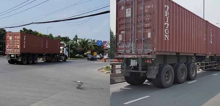 Mỗi xe đầu kéo chở container có tổng trọng lượng hơn 44 tấn. Mỗi xe đầu kéo chở container có tổng trọng lượng hơn 44 tấn.