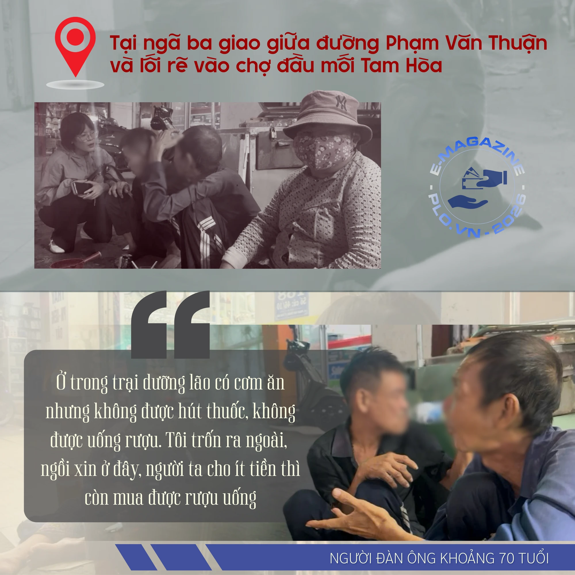 ẢNH GHÉP 6 - Tại ngã ba giao giữa đường Phạm Văn Thuận và lối rẽ vào chợ đầu mối Tam Hòa, ba người lớn tuổi (hai nam, một nữ) ngồi xin ăn ngay chân cột đèn giao thông (2-3 ảnh) + Hình.png