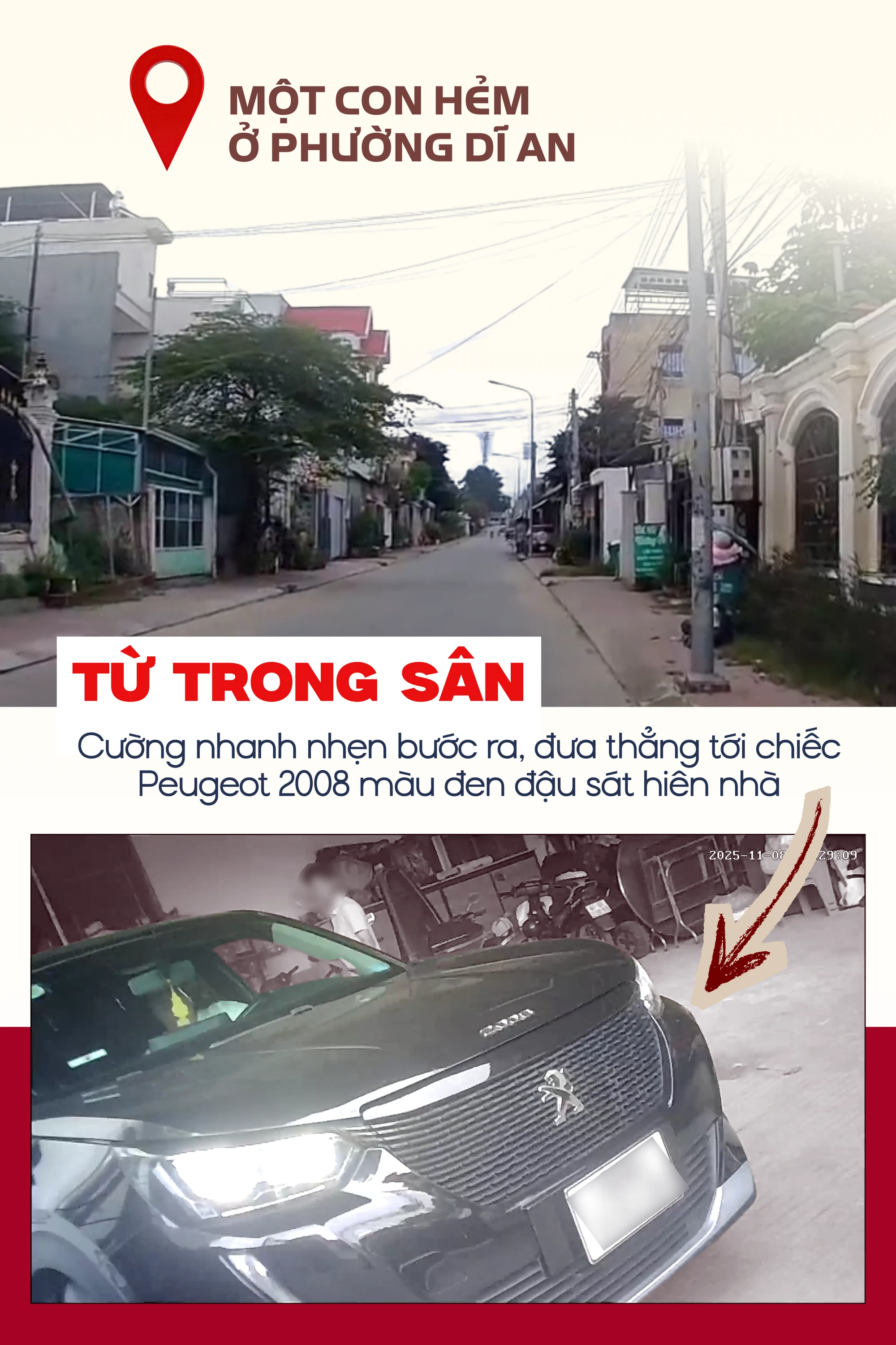 ẢNH GHÉP 3 - PV đến địa chỉ một con hẻm ở phường Dĩ An. Từ trong sân, Cường nhanh nhẹn bước ra, đưa thẳng tới chiếc Peugeot 2008 màu đen đậu sát hiên nhà (3 ảnh).png