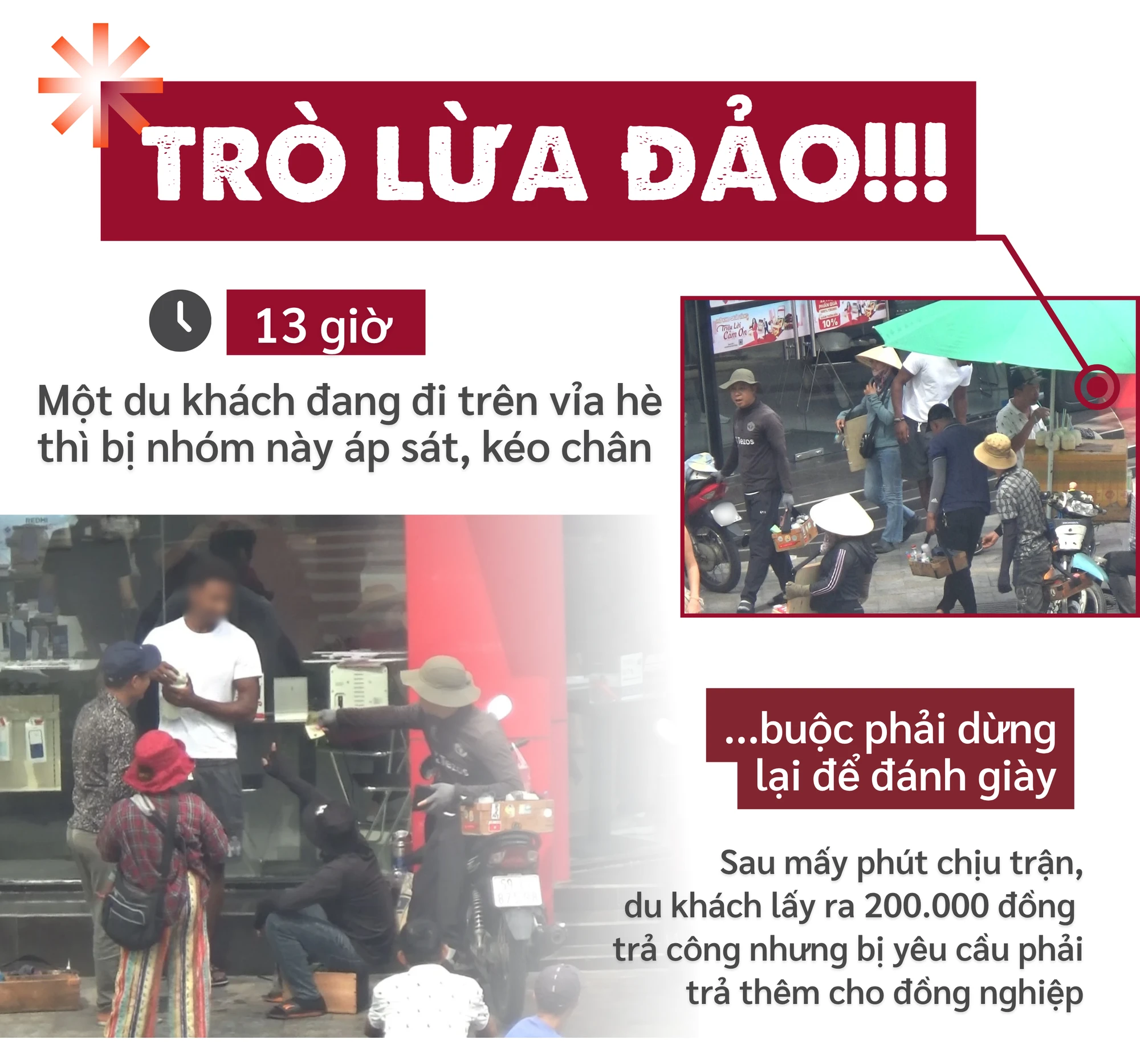 ẢNH GHÉP 3- 13 giờ, một du khách đang đi trên vỉa hè thì bị nhóm này áp sát, kéo chân buộc phải dừng lại để ép đánh giày. Sau mấy phút chịu trận, du khách lấy ra 200 ngàn đồng trả.png