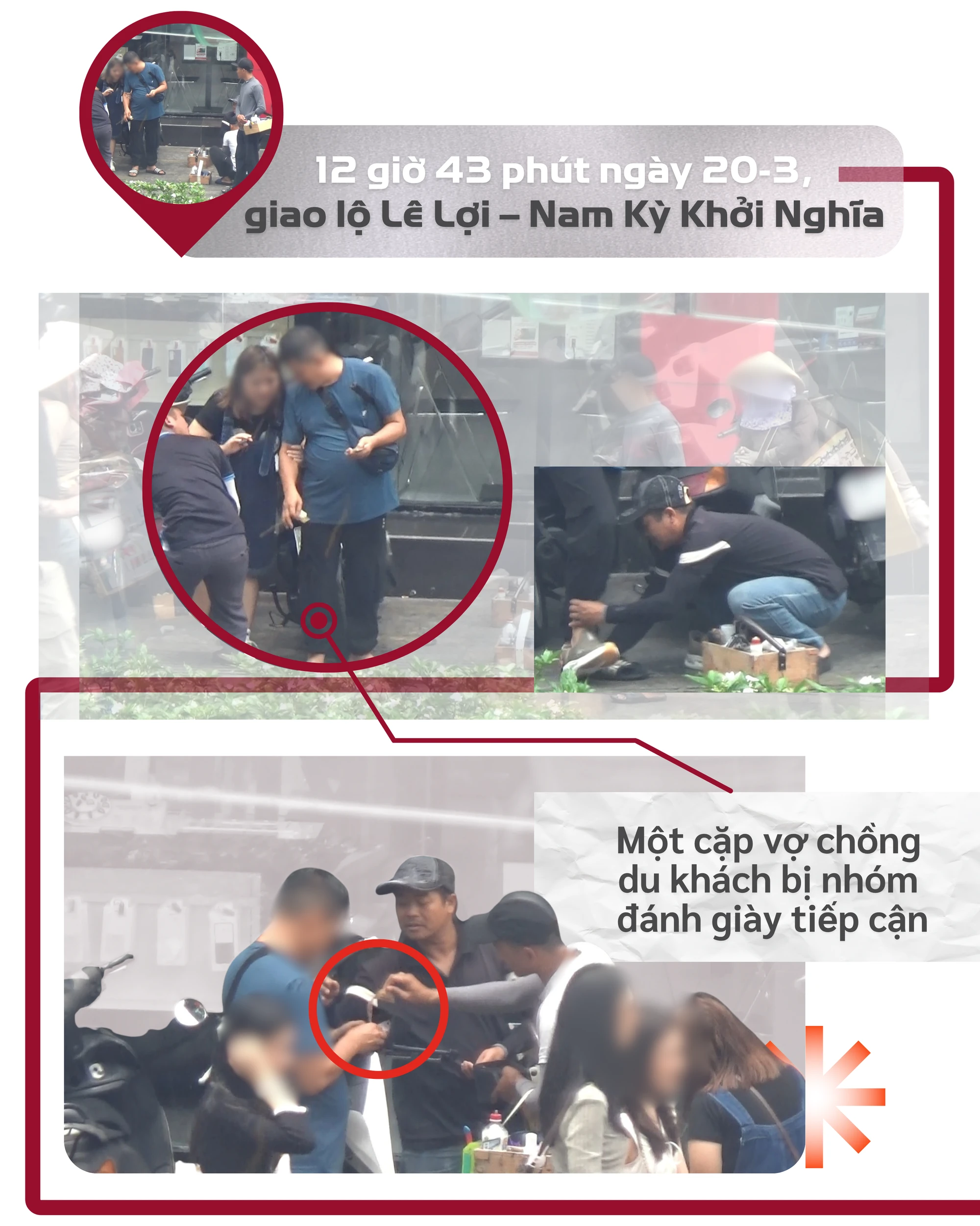 ẢNH GHÉP 9 - Khoảng 12 giờ 43 phút ngày 20-3, một cặp vợ chồng du khách nước ngoài tiếp tục bị nhóm đánh giày tiếp cận khi đi qua khu vực giao lộ Lê Lợi - Nam Kỳ Khởi Nghĩa. Hiếu, Thành.png