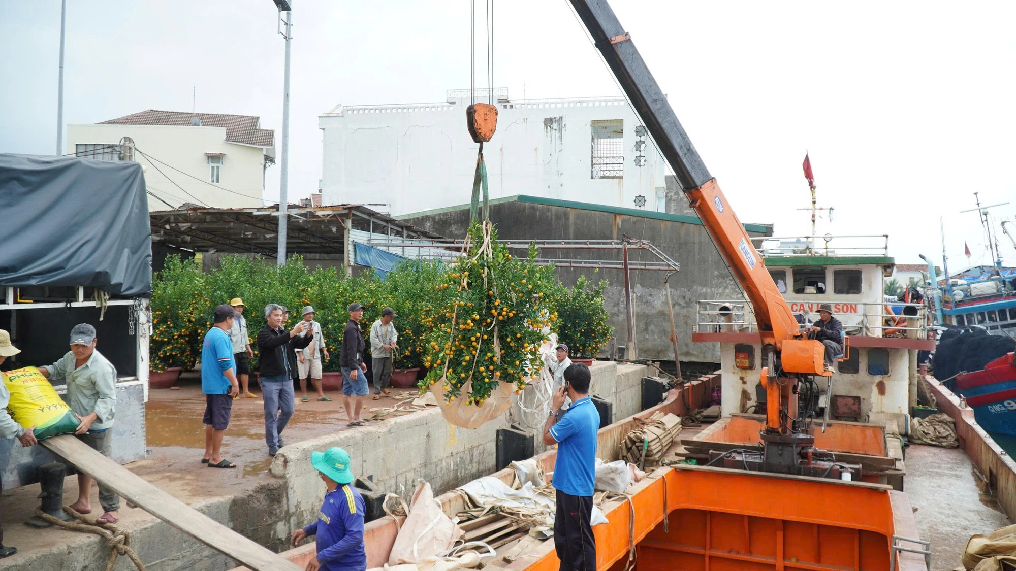 Tấp nập chở hàng, hoa Tết từ đất liền ra đảo Lý Sơn