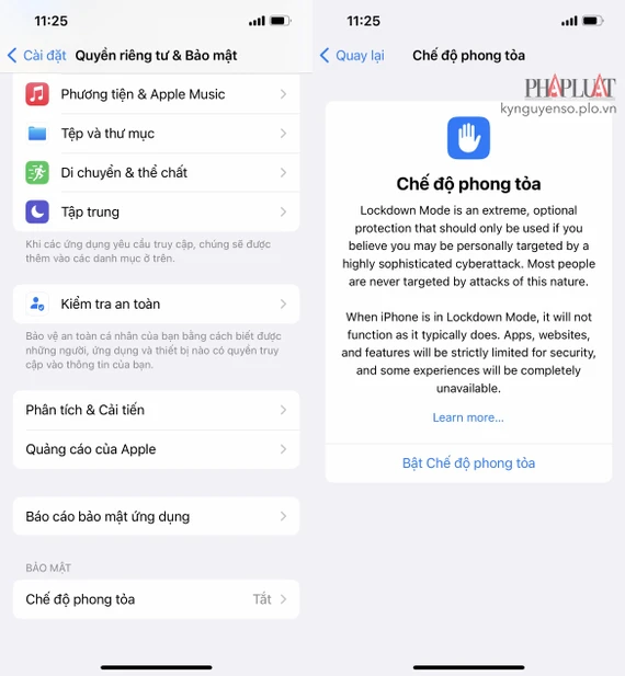 Kích hoạt Lockdown mode (chế độ phong tỏa) trên iPhone để ngăn chặn phần mềm gián điệp Pegasus. Ảnh: TIỂU MINH ảnh 1 Kích hoạt Lockdown mode (chế độ phong tỏa) trên iPhone để ngăn chặn phần mềm gián điệp Pegasus
