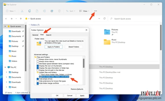 Cách hiện file ẩn trên Windows để hạn chế virus. Ảnh: TIỂU MINH Cách hiện file ẩn trên Windows để hạn chế virus. Ảnh: TIỂU MINH