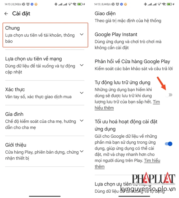 Kích hoạt tính năng tự động lưu trữ ứng dụng để hạn chế việc đầy bộ nhớ. Ảnh: MINH HOÀNG Kích hoạt tính năng tự động lưu trữ ứng dụng để hạn chế việc đầy bộ nhớ. Ảnh: MINH HOÀNG
