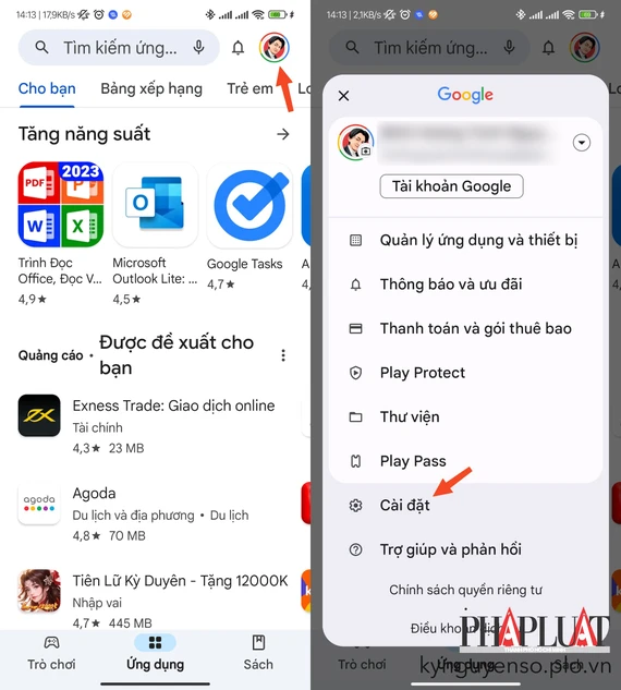 Truy cập vào phần cài đặt của Google Play để bật tính năng tự động lưu trữ. Ảnh: MINH HOÀNG Truy cập vào phần cài đặt của Google Play để bật tính năng tự động lưu trữ. Ảnh: MINH HOÀNG