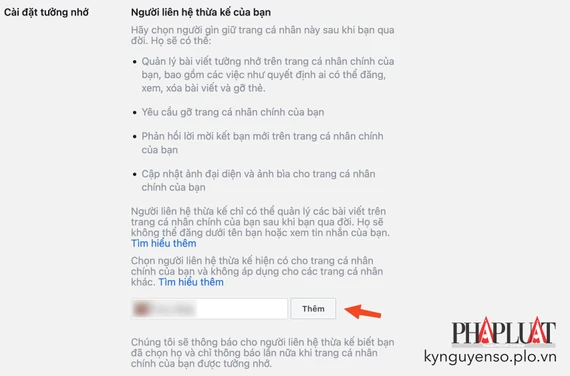 Cách thêm người thừa kế tài khoản Facebook sau khi bạn qua đời. Ảnh: TIỂU MINH Cách thêm người thừa kế tài khoản Facebook sau khi bạn qua đời. Ảnh: TIỂU MINH