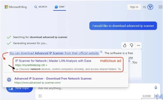 Bing Chat bị lợi dụng để phát tán phần mềm độc hại. Ảnh: Malwarebytes Bing Chat bị lợi dụng để phát tán phần mềm độc hại.