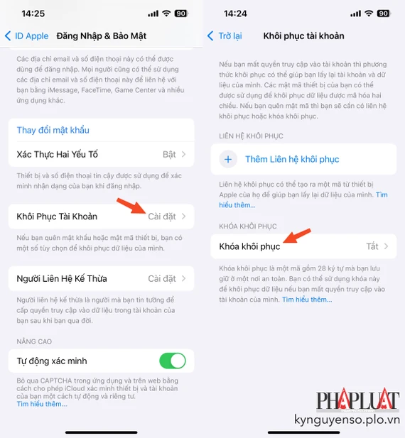 Cách bật tính năng khóa khôi phục trên iPhone. Ảnh: MINH HOÀNG Cách bật tính năng khóa khôi phục trên iPhone. Ảnh: MINH HOÀNG