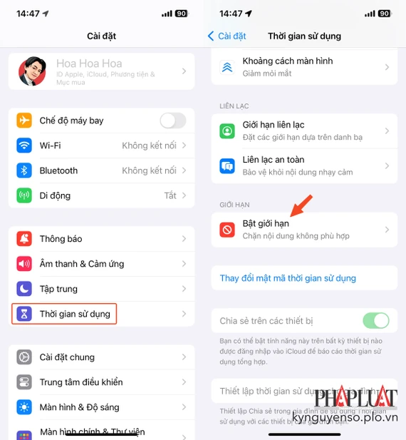 Cách bật tính năng thời gian sử dụng trên iPhone. Ảnh: MINH HOÀNG Cách bật tính năng thời gian sử dụng trên iPhone. Ảnh: MINH HOÀNG