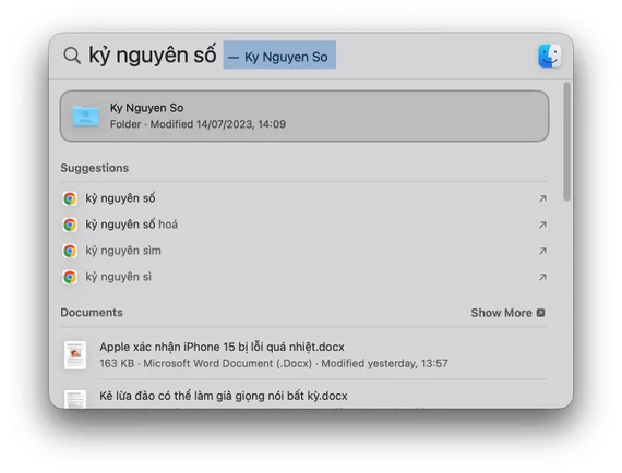 Spotlight gợi ý các kết quả có liên kết với Google Search. Ảnh: TIỂU MINH Spotlight gợi ý các kết quả có liên kết với Google Search. Ảnh: TIỂU MINH