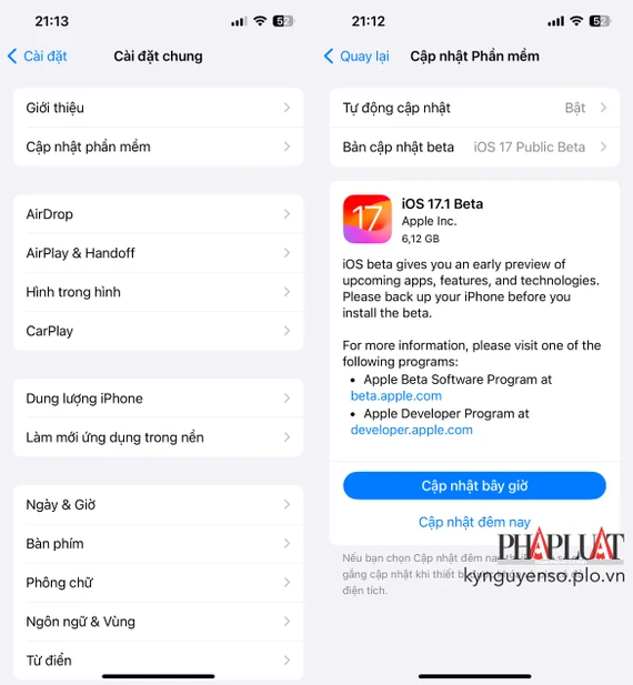 Người dùng beta có thể cập nhật sớm iOS 17.1 beta. Ảnh: TIỂU MINH Người dùng beta có thể cập nhật sớm iOS 17.1 beta. Ảnh: TIỂU MINH