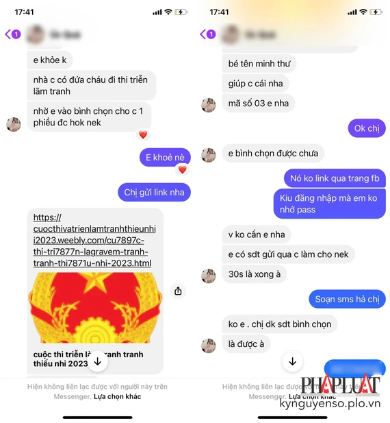 Lừa đảo nhờ bình chọn cuộc thi triển lãm tranh nhằm chiếm đoạt tài khoản Facebook. Ảnh: TIỂU MINH Lừa đảo nhờ bình chọn cuộc thi triển lãm tranh nhằm chiếm đoạt tài khoản Facebook. Ảnh: TIỂU MINH