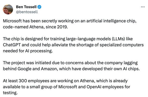 Ben Tossell cho biết Microsoft đã phát triển chip AI từ năm 2019. Ảnh chụp màn hình Ben Tossell cho biết Microsoft đã phát triển chip AI từ năm 2019. Ảnh chụp màn hình