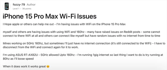 Người dùng than phiền iPhone bị lỗi WiFi trên diễn đàn của Apple. Ảnh: TIỂU MINH Người dùng than phiền iPhone bị lỗi WiFi trên diễn đàn của Apple. Ảnh: TIỂU MINH