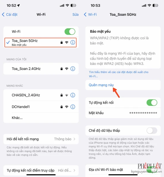 Quên mạng WiFi trên iPhone. Ảnh: TIỂU MINH Quên mạng WiFi trên iPhone. Ảnh: TIỂU MINH