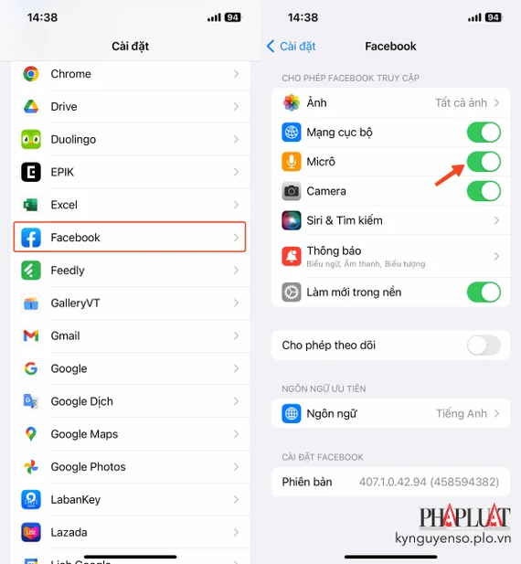 Thu hồi quyền truy cập micro của ứng dụng Facebook trên iPhone. Ảnh: TIỂU MINH Thu hồi quyền truy cập micro của ứng dụng Facebook trên iPhone. Ảnh: MINH HOÀNG