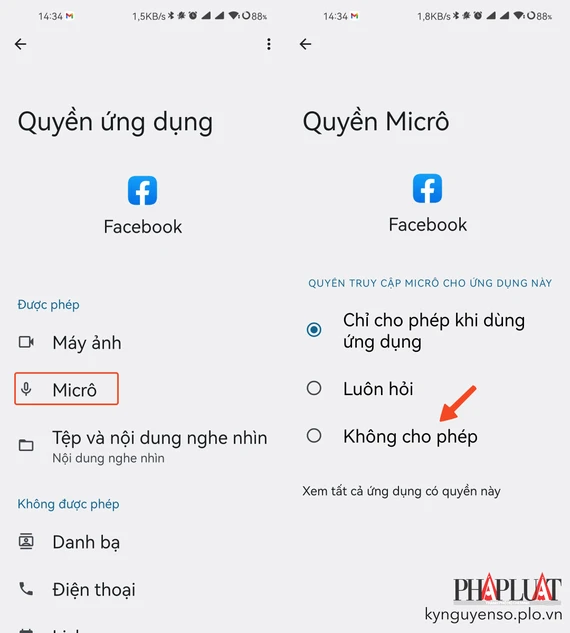 Thu hồi quyền truy cập micro của Facebook trên Android. Ảnh: TIỂU MINH Thu hồi quyền truy cập micro của Facebook trên Android. Ảnh: MINH HOÀNG