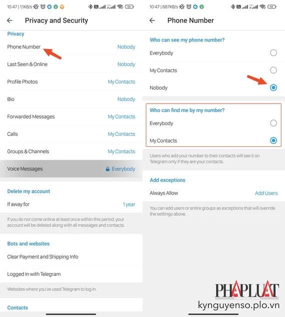 Ẩn số điện thoại trên Telegram bằng điện thoại Android. Ảnh: MINH HOÀNG Ẩn số điện thoại trên Telegram bằng điện thoại Android. Ảnh: MINH HOÀNG