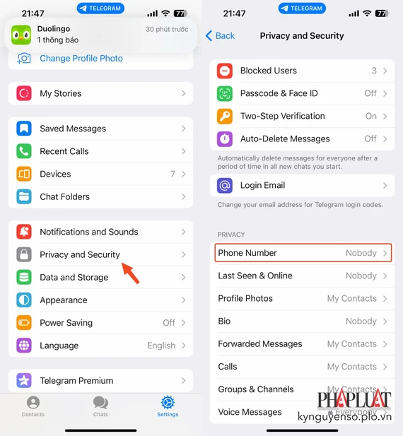 Ẩn số điện thoại trên Telegram bằng iPhone. Ảnh: MINH HOÀNG Ẩn số điện thoại trên Telegram bằng iPhone. Ảnh: MINH HOÀNG