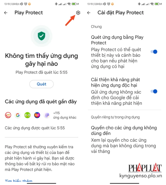 Bật tính năng Google Play Protect để quét các ứng dụng độc hại trên điện thoại Android. Ảnh: TIỂU MINH Bật tính năng Google Play Protect để quét các ứng dụng độc hại trên điện thoại Android. Ảnh: TIỂU MINH