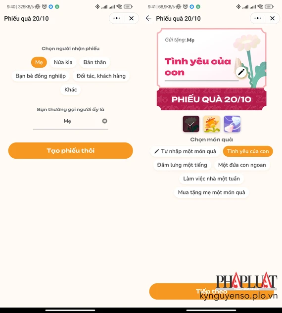 Tạo phiếu quà tặng chúc mừng 20-10 bằng Zalo. Ảnh: MINH HOÀNG Tạo phiếu quà tặng chúc mừng 20-10 bằng Zalo. Ảnh: MINH HOÀNG