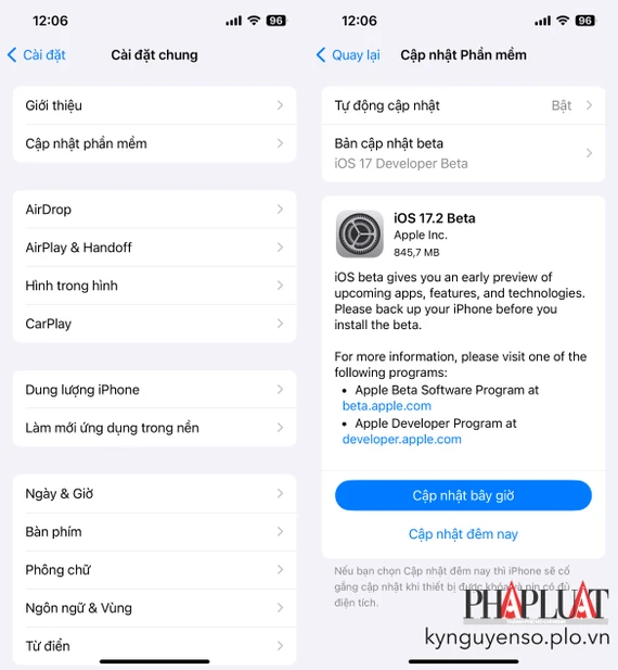 Apple phát hành iOS 17.2 beta đầu tiên. Ảnh: TIỂU MINH Apple phát hành iOS 17.2 beta đầu tiên. Ảnh: TIỂU MINH