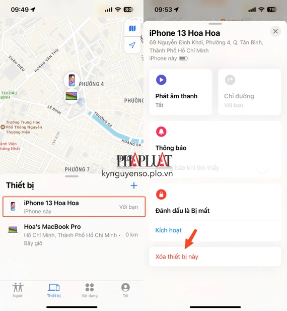 Khôi phục cài đặt gốc trên iPhone bằng Find My (tìm). Ảnh: TIỂU MINH Khôi phục cài đặt gốc trên iPhone bằng Find My (tìm). Ảnh: TIỂU MINH
