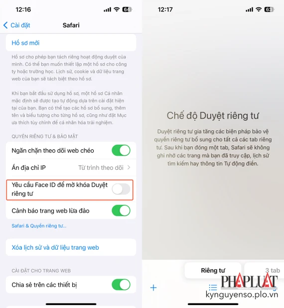 Bảo vệ dữ liệu duyệt web bằng Face ID. Ảnh: TIỂU MINH Bảo vệ dữ liệu duyệt web bằng Face ID. Ảnh: TIỂU MINH