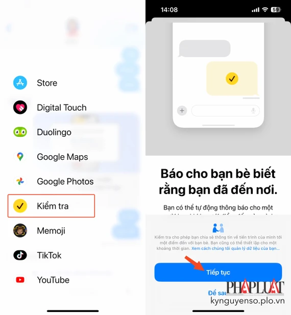 Kích hoạt tính năng Check-in trong tin nhắn. Ảnh: TIỂU MINH Kích hoạt tính năng Check-in trong tin nhắn. Ảnh: TIỂU MINH