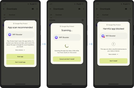 Quá trình quét ứng dụng theo thời gian thực của Google Play Protect để kiểm tra xem ứng dụng có độc hại hay không. Ảnh: Google Quá trình quét ứng dụng theo thời gian thực của Google Play Protect để kiểm tra xem ứng dụng có độc hại hay không. Ảnh: Google