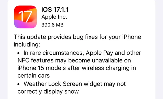Apple phát hành bản cập nhật iOS 17.1.1. Ảnh: TIỂU MINH Apple phát hành bản cập nhật iOS 17.1.1. Ảnh: TIỂU MINH