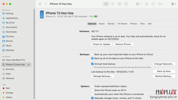 Sao lưu dữ liệu trên iPhone bằng iTunes trước khi cập nhật iOS 17.1.1. Ảnh: TIỂU MINH Sao lưu dữ liệu trên iPhone bằng iTunes trước khi cập nhật iOS 17.1.1. Ảnh: TIỂU MINH