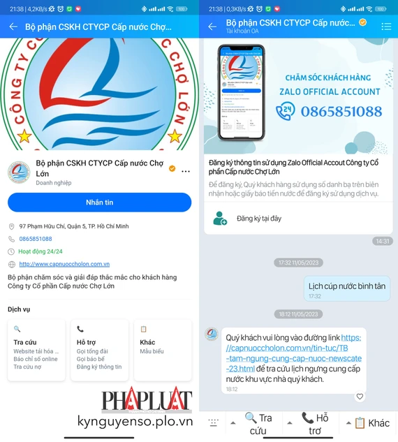 Tra cứu lịch cúp nước bằng Zalo. Ảnh: TIỂU MINH Tra cứu lịch cúp nước bằng Zalo. Ảnh: TIỂU MINH