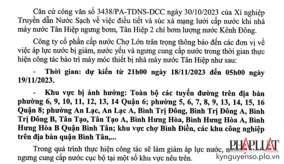 Lịch cúp nước tại một số khu vực ở quận 6, quận 8, quận Bình Tân cuối tuần sau. Ảnh: TIỂU MINH Lịch cúp nước tại một số khu vực ở quận 6, quận 8, quận Bình Tân cuối tuần sau. Ảnh: TIỂU MINH