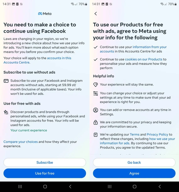 Facebook hiển thị thông báo hỏi bạn có muốn trả phí hay tiếp tục sử dụng miễn phí. Ảnh: Facebook Facebook hiển thị thông báo hỏi bạn có muốn trả phí hay tiếp tục sử dụng miễn phí.
