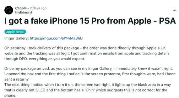 theEdmard phản ánh về việc mua iPhone 15 Pro Max nhưng nhận được điện thoại giả. Ảnh chụp màn hình theEdmard phản ánh về việc mua iPhone 15 Pro Max nhưng nhận được điện thoại giả. Ảnh chụp màn hình