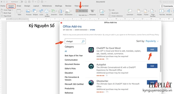 Tìm tiện ích ChatGPT for Excel Word. Ảnh: MINH HOÀNG Tìm tiện ích ChatGPT for Excel Word. Ảnh: MINH HOÀNG