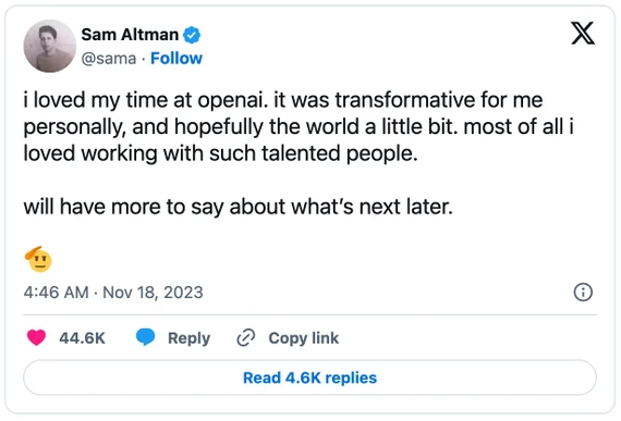 Sam Altman bất ngờ bị sa thải khỏi OpenAi. Ảnh chụp màn hình Sam Altman bất ngờ bị sa thải khỏi OpenAi. Ảnh chụp màn hình