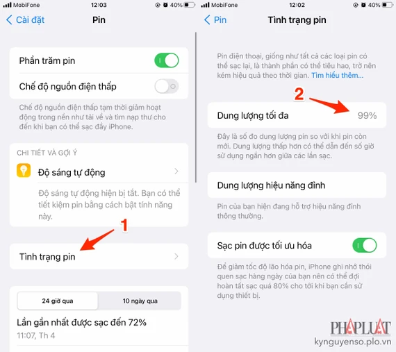 Kiểm tra tình trạng viên pin trên iPhone. Ảnh: TIỂU MINH Kiểm tra tình trạng viên pin trên iPhone. Ảnh: TIỂU MINH