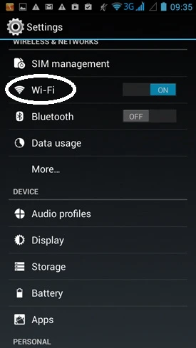 Đổi DNS cho Android: Nhấn chọn mục nhỏ Wi-Fi trong mục Settings. A1-Doi-DNS-cho-Android-Wi-Fi-Android.jpg