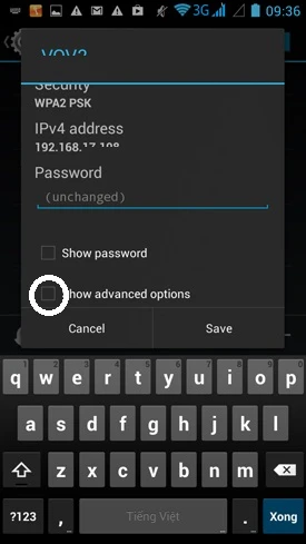 Đổi DNS cho Android: Tích vào lựa chọn “Show advanced options” sau khi kéo màn hình xuống phía dưới. A3-Doi-DNS-cho-Android-Wi-Fi-Android.jpg