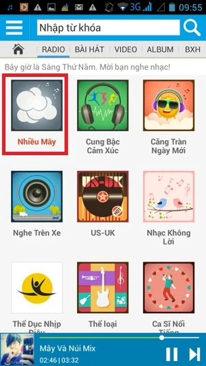 Ứng dụng nhạc chờ VinaPhone Chacha: Giao diện của Chacha cũng tương đồng với Imuzik, nhưng trong mục Radio có vẻ cập nhật chủ đề theo thời tiết nhanh nhạy hơn. Ví dụ khi trời nhiều mây sẽ có một danh sách các bài hát về mây (khoanh đỏ). ảnh 5 B1-Ung-dung-nhac-cho-Viettel-VinaPhone-Imuzik-Chacha-2014-08-14-09-55-46.jpg