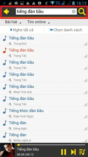 Imuzik, ứng dụng nhạc chờ Viettel: Bạn có thể dùng công cụ tìm kiếm bài hát (khung đỏ) và nghe thử. Ví dụ khi tìm bài “Tiếng đàn bầu” sẽ ra một danh sách dài các bản khác nhau, hãy bấm vào từng bài để nghe thử. ảnh 2 A2-Ung-dung-nhac-cho-Viettel-VinaPhone-Imuzik-Chacha-2014-08-09-16-13-45.jpg