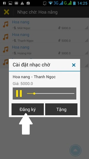 Imuzik, ứng dụng nhạc chờ Viettel: Danh sách các bản nhạc chờ của bài hát bạn thích sẽ được liệt kê ra. Khi bấm vào một bản nhạc chờ cụ thể, bạn sẽ được nghe thử lần nữa. Nếu đã hài lòng thì bấm nút “Đăng ký” (mũi tên). ảnh 4 A4,5-Ung-dung-nhac-cho-Viettel-VinaPhone-Imuzik-Chacha-2014-08-14-14-25-58.jpg