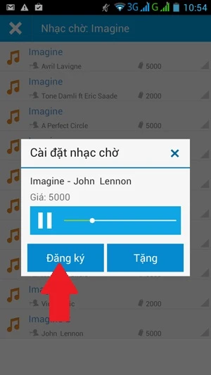 Ứng dụng nhạc chờ VinaPhone Chacha: Danh sách các bản nhạc chờ của bài hát bạn thích sẽ được liệt kê ra. Khi bấm vào một bản nhạc chờ cụ thể, bạn sẽ được nghe thử. Nếu đã hài lòng thì bấm nút “Đăng ký” (mũi tên). ảnh 7 B3-Ung-dung-nhac-cho-Viettel-VinaPhone-Imuzik-Chacha-2014-08-14-10-54-50.jpg