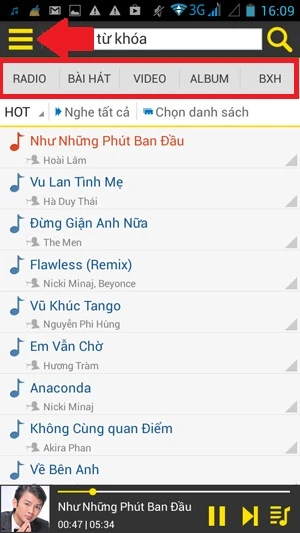 Imuzik, ứng dụng nhạc chờ Viettel: Imuzik có giao diện bao gồm các tab phong phú như Radio, Bài Hát, Video, Album và BXH. Phía trên bên trái là nút dẫn đến bảng điều khiển (mũi tên). ảnh 1 A1-Ung-dung-nhac-cho-Viettel-VinaPhone-Imuzik-Chacha-2014-08-09-16-09-42.jpg