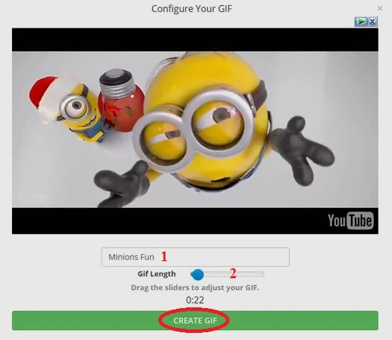 Tạo ảnh GIF từ YouTube: Đặt tên cho ảnh GIF bạn sắp tạo ra (khung 1), kéo thanh trượt xanh (số 2) để chọn độ dài của đoạn video sẽ chuyển thành ảnh GIF, và chọn thời điểm bắt đầu. Sau khi thiết lập xong hãy bấm CREATE GIF. ảnh 3 A3-Tao-anh-GIF-tu-video-YouTube-Tao-anh-dong-truc-tuyen.jpg