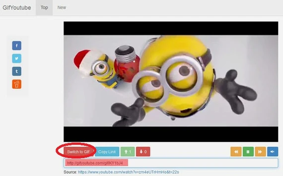Tạo ảnh GIF từ YouTube: Bạn có thể lấy đường link ảnh GIF của mình (bôi đỏ) đi chia sẻ khắp nơi, hoặc cũng có thể tải ảnh GIF về máy bằng cách bấm “Switch to GIF” (khoanh đỏ)… ảnh 4 A4,5-Tao-anh-GIF-tu-video-YouTube-Tao-anh-dong-truc-tuyen.jpg